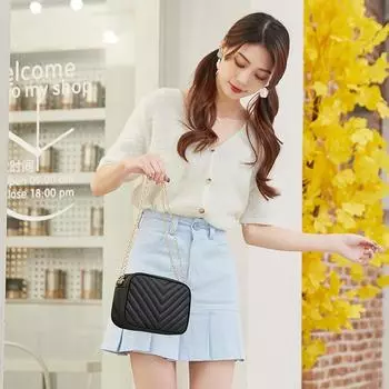 Маленькая квадратная сумка с V-образным узором и вышитой цепочкой Macaron Модная и атмосферная повседневная сумка для мобильного телефона Портативная дорожная сумка-кошелек one size абрикосовый