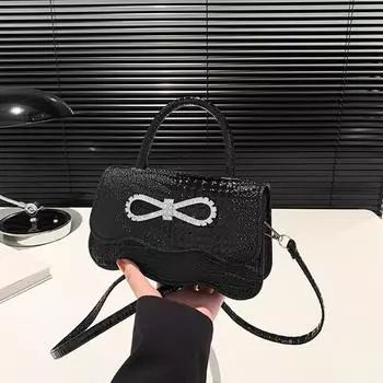 Маленькая квадратная сумочка из ПУ кожи с тиснением под аллигатора, с дизайном в виде банта, женская однотонная модная сумка через плечо или кроссбоди AVE 21x6.5x12cm чёрный