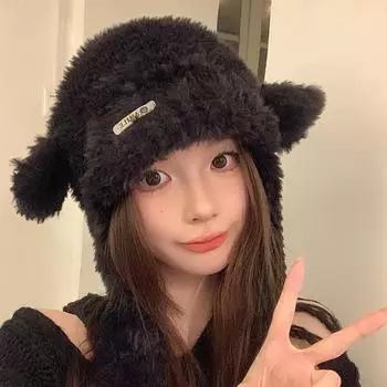 Маленькая милая плюшевая вязаная шапка с рисунком пингвина для женщин, зимняя утепленная плюшевая теплая шапка M56-58cm чёрный