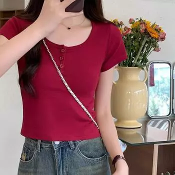 Маленькая обтягивающая футболка с U-образным вырезом на правом плече и короткими рукавами для женщин, весна-лето, новый базовый универсальный сексуальный топ с открытой ключицей S