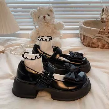 Маленькая обувь из искусственной кожи с бантом в стиле ретро, женские летние простые туфли Мэри Джейн на толстой подошве и толстом каблуке для девочек, женские туфли на платформе 35