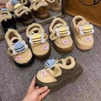 Маленькая пчелка осень/зима толстые хлопковые туфли для детей осень/зима новый стиль нескользящие и бархатные теплые 35 хаки