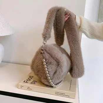 Маленькая плюшевая сумка через плечо, элегантная меховая сумка, минималистичная, с жемчужной цепочкой, красивая, универсальная сумка через плечо