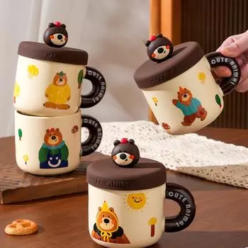 Маленькая подарочная сумка с крышкой, поиск керамической чашки, высокая ценность, большая емкость, маленькая милая кружка с медведем, пара, чашка для воды, высокая термостойкость 400ML