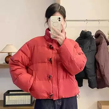 Маленькая пряжка из рога хлеба 2024 года, новый белый пуховик с воротником-стойкой, женское повседневное свободное простое пальто S size 90-60kg белый