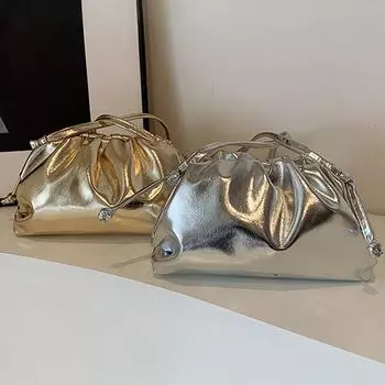 Маленькая роскошная женская сумка-хобо из мягкой искусственной кожи золотого и серебряного цвета, элегантная нарядная сумочка с рюшами и клатчем в виде пельменей для вечеринок