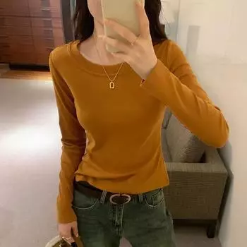 Маленькая рубашка, правое плечо, круглый вырез, футболка с длинными рукавами из начеса для женщин, новый осенне-зимний стиль, утягивающая, облегающая посадка, базовый слой S
