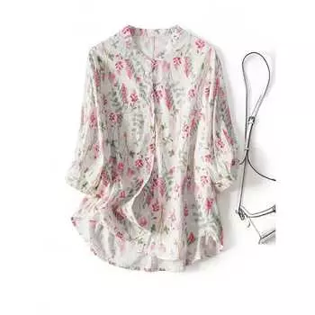 Маленькая рубашка с принтом из хлопка с дизайном ниши, женская свободная рубашка, летний повседневный универсальный популярный топ M