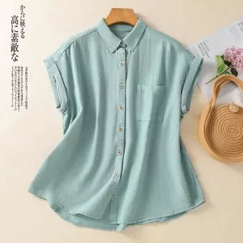 Маленькая рубашка женская летняя 2025 новая мода и тонкая повседневная свободная рубашка с воротником ПОЛО темпераментный топ M синий