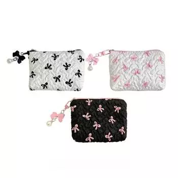 Маленькая ручная косметичка с розовым черным бантом и принтом, женская удобная мини-сумка для помады, косметичка, сумка для хранения гигиенических салфеток