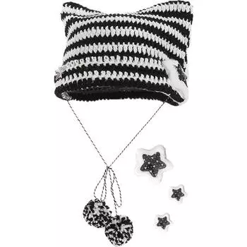 Маленькая шапка-чепчик «Чертик» для женщин, милые кошачьи ушки, полосатая шерстяная вязаная шапка-бини, уличная зимняя теплая шапка-чепчик