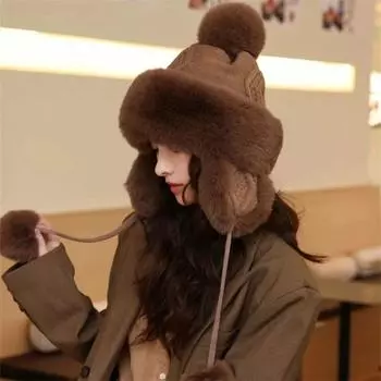 Маленькая шапка с изображением лица, женская зимняя 2024, новая утолщенная теплая плюшевая защита ушей, шапка Lei Feng, вязаная плюшевая шапка, защита от холода M (56-58cm) adjustable белый