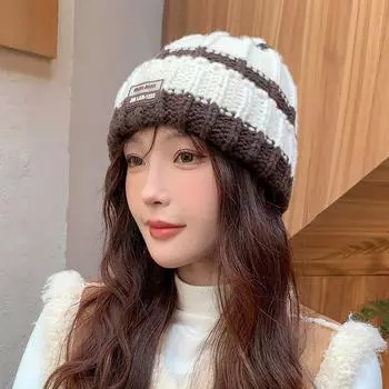 Маленькая шерстяная шапка женская осенне-зимняя, в полоску, с большой окружностью головы, толстая вязаная шапка для мужчин и женщин, одинаковый стиль ворса One size темно-коричневого
