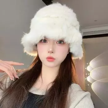 Маленькая шляпа-ведро в виде облака, женская осенне-зимняя меховая шапка-мешок из кроличьей шерсти, плюшевая, морозостойкая, теплая, с краем в виде листа лотоса One Size Elastic Head Circumference