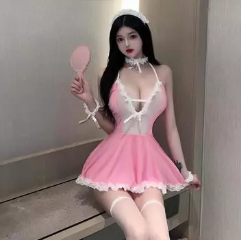 Маленькая силиконовая кукла в сексуальном нижнем белье горничной Pink dress