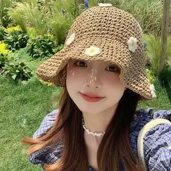 Маленькая соломенная шляпа ручной работы с цветком для путешествий на море, солнцезащитная шляпа, летняя, универсальная, плетеная, женская Adjustable [54-58cm] хаки