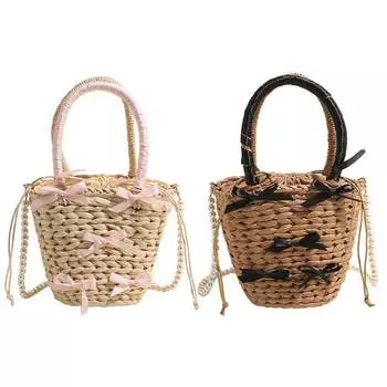 Маленькая соломенная сумка, женская милая сумка с ручкой сверху и бантом, летняя пляжная сумка с жемчужным ремешком-цепочкой, высококачественная тканая сумка через плечо бежевый