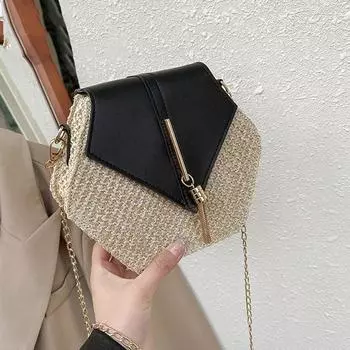 Маленькая соломенная женская сумка Женские сумки на ремне с цепочкой Пляжные сумки ручной работы Вязание кошелька 12*6*18cm чёрный