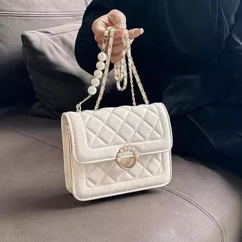 Маленькая сумка 2024 года, новая модная сумка через плечо с простой повседневным рисунком и цепочкой из бриллиантов, маленькая квадратная сумка через плечо белый