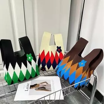 Маленькая сумка большой вместимости, женская ручная большая сумка ромбовидной вязки, портативная сумка для хранения, корейская однотонная сумка на плечо чёрный