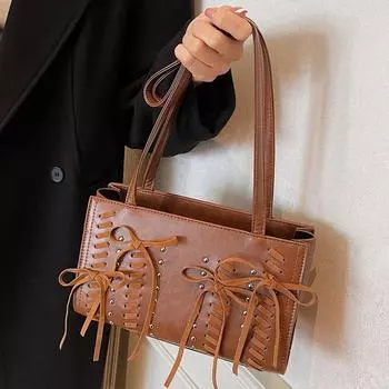 Маленькая сумка через плечо из искусственной кожи с галстуком-бабочкой, женская сумка через плечо для женщин, зимняя новая тенденция 2024 года, модные сумки Y2K коричневый