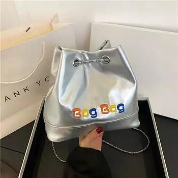 Маленькая сумка из холста, женская, 2024 года, новая мода, иностранный стиль, цепочка с буквами, сумка-ведро с ремнем, студенческая сумка для девочек розовый