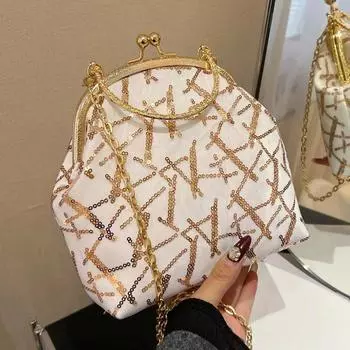 Маленькая сумка Kiss Lock Shell Clip Handle для женщин Сумки-мессенджеры с цепочным ремешком Сумки-клатчи через плечо Белое золото