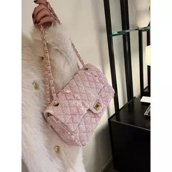 Маленькая сумка-клык, универсальная маленькая ароматная розовая шерстяная сумка-цепочка на одно плечо, сумка подмышкой, тканая сумка премиум-класса, новый стиль 2025 года 25x5x14cm розовый