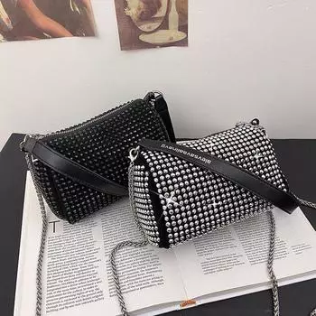 Маленькая сумка с текстурой и стразами, новая модная сумка с кристаллами, ручная женская сумка-мессенджер с серебряной шариковой цепочкой 1 белый