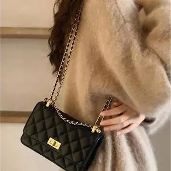 Маленькая сумка с вышитым нитками в ромбовидную клетку, женская сумка, популярная сумка через плечо с цепочкой, маленькая квадратная сумка на одно плечо чёрный