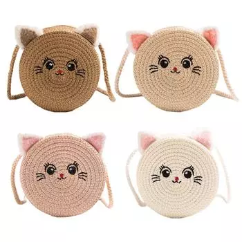 Маленькая сумка-слинг с милым котом, модная круглая соломенная мини-сумка через плечо ручной работы, тканая сумка-мессенджер для девочек, 2024 г. хаки