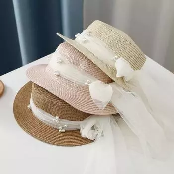 Маленькая свежая детская кружевная жемчужная соломенная шляпа с ленточками, летняя новая фея, энергетическая, родитель-ребенок, солнцезащитный козырек с большими полями, шляпа с плоским верхом, прилив Children s (50-52cm) хаки