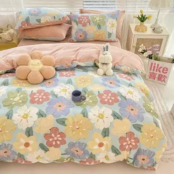 Маленькая свежая девочка Сердце Картина маслом Пастораль Молочный флис Четыре предмета Набор Двусторонний теплый коралловый флис 4 предмета Набор 1.2m bed