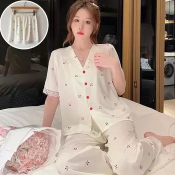 Маленькая свежая симпатичная кружевная пижама с принтом вишни для женщин, милая корейская тройка для женщин, одежда для отдыха на весну M
