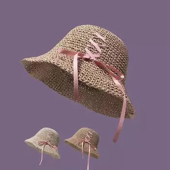 Маленькая свежая соломенная шляпа с бантом и вымпелом для пляжа, детская летняя соломенная шляпа для отдыха на море, козырек для соломы M (56-58cm) Pink Bow Small Basin Cap хаки