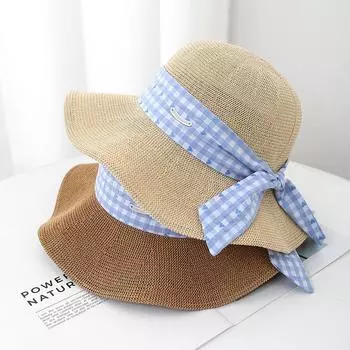 Маленькая свежая соломенная шляпа в клетку синего цвета с бантом и оборками по краю для женщин, летняя морская фотосъемка, шляпа-цилиндр, прилив M56-58cm бежевый