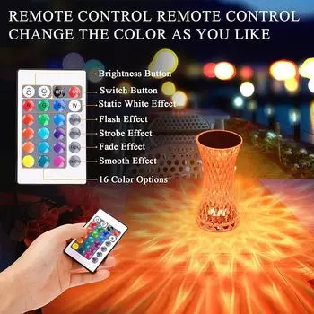 Маленькая талия кристалл алмаз настольная лампа 16 цветов меняющий ночник сенсорное управление USB перезаряжаемый прикроватный светильник с пультом дистанционного управления