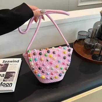 Маленькая тканая сумка из свежей травы для женщин, новинка 2024 года, тканая сумка для телефона Xia Xiaozhong, приморская пляжная сумка через плечо, маленькая сумка-ведро для воды