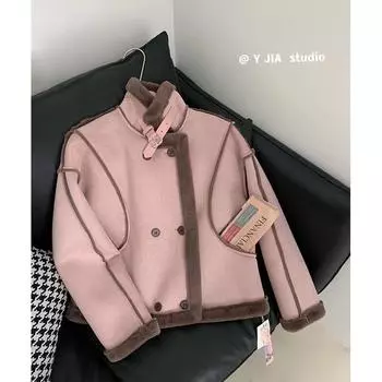 Маленькая утолщенная розовая короткая куртка из искусственного меха женская осенне-зимняя меховая интегрированная одежда локомотива молодежная мода S within 47.5 kg розовый