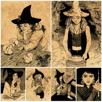 Маленькая ведьма, повседневная жизнь, винтажная настенная живопись маслом, колдовство, магические элементы, украшение для дома, плакат молодой ведьмы 21cm30cm NoFrame