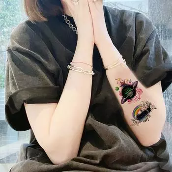 Маленькая водонепроницаемая временная татуировка-наклейка, цветные перья, цветы, листья, планета, луна, женский боди-арт, запястье, шея, поддельные татуировки для мужчин