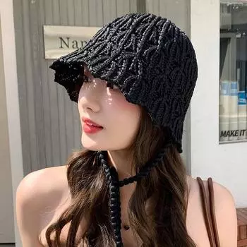 Маленькая вязаная шапка ручной работы с косами женская летняя полая дышащая шляпа-ведро повседневная универсальная солнцезащитная шляпа для показа маленького лица M56-58cm чёрный