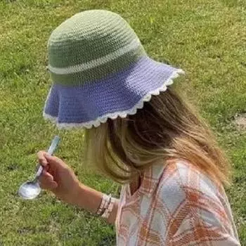 Маленькая вязаная шапка рыбака в полоску с кружевным узором, весна/лето, закрывающая лицо, связанная крючком вручную 56-58cm