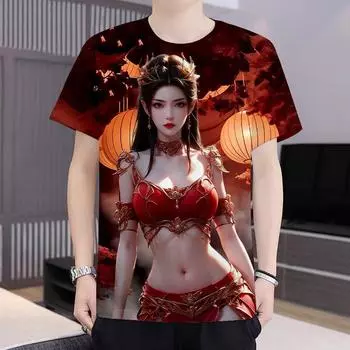 Маленькая женская футболка с короткими рукавами и принтом в стиле аниме с 3D-принтом, корейская версия с круглым вырезом, модная летняя футболка 2024 года XS