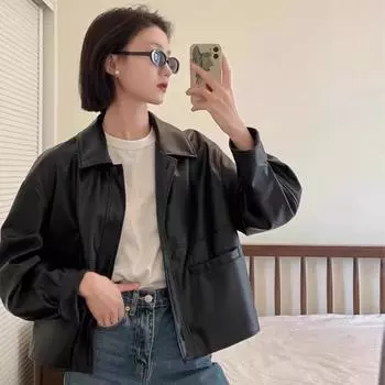 Маленькая женская куртка из ПУ кожи - 2025 год, мотоциклетный дизайн в гонконгском стиле с американским лацканом XL