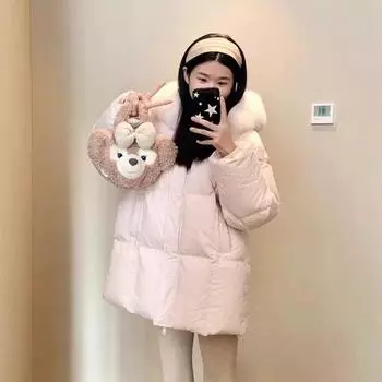 Маленькая женская куртка-пуховик средней и длинной длины 2024 года, зимняя новая нежная и простая куртка с большим меховым воротником из утолщенной лисы XS is suitable for 85 to 55kg
