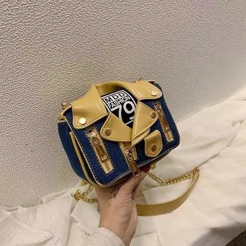 Маленькая женская сумка 2024 года, новая мода, заклепки, контрастная одежда, одинарная сумка-мессенджер, универсальная цепочка, маленькая квадратная сумка светло-синий