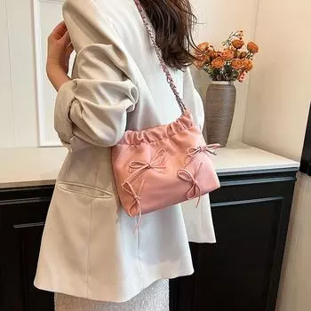 Маленькая женская сумка 2024 года, новая летняя универсальная сумка-мессенджер через плечо с цепочкой, текстура, корейская сумка-ведро розовый
