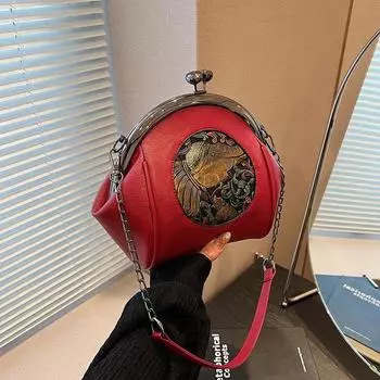 Маленькая женская сумка 2024 года, новая модная сумка с цепочкой и клипсой, вышитая сумка-ракушка, универсальная сумка на одно плечо с косым креплением красный