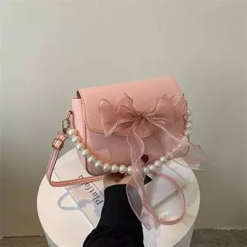 Маленькая женская сумка с цепочкой из жемчуга, летняя новая модная повседневная сумка с бантом на плечо, маленькая квадратная сумка белый